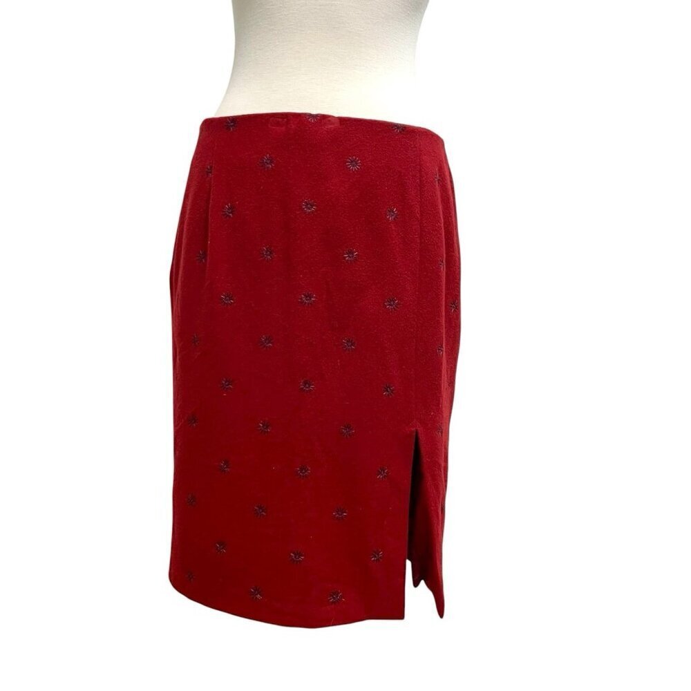 Vintage BURBERRY Wool Cashmere Angora Embroidered Pencil Skirt Red size 14 - Picture 4 of 8
